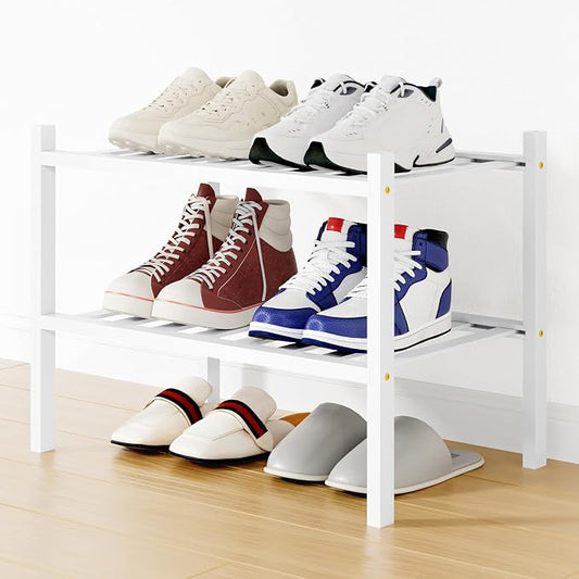 Smiry Bamboo Shoe Rack, 12 Vertical Slats, 2 Tier - 17.3" Wide, White | Stackable Free Standing Wooden Shoe Organizer, Wood Shoe Storage Shelf for Closet, Entryway