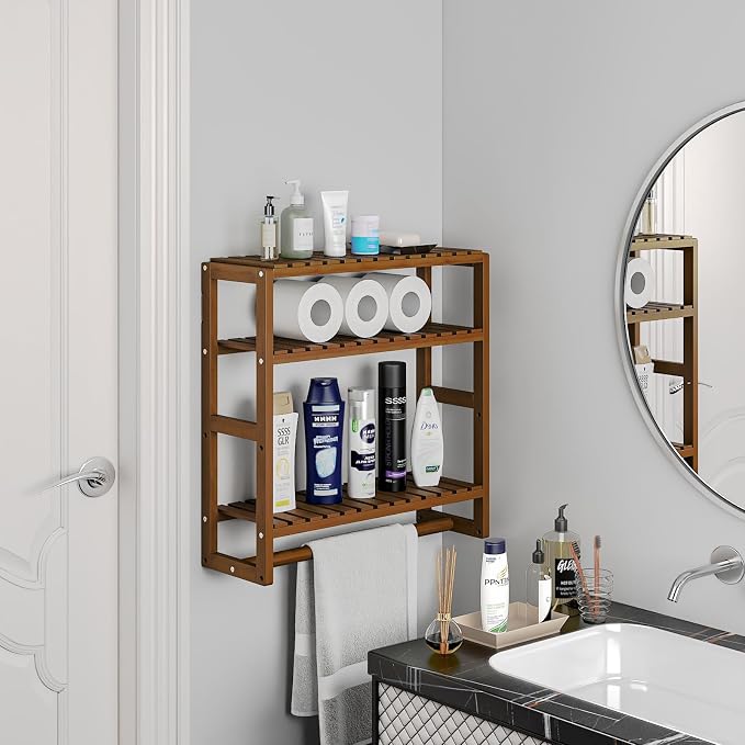 Galood Over The Toilet Storage Bathroom Shelves Wall Mounted 3 Tier Space Saver Corner Shelf Organizer Bamboo Towel Rack Toilet Paper Cabinet with Hanging Rod Brown