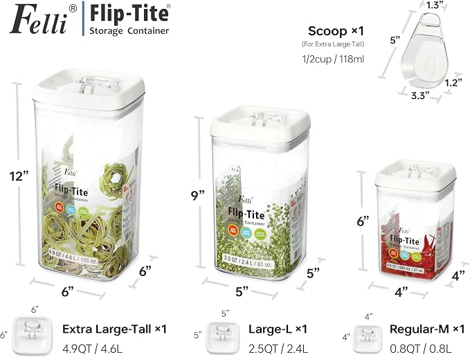 Felli Flip Tite Acrylic Food Storage Container with Lid 6” XL Air Tight Ring Seal Flip Top, Plastic Kitchen Baking Canister for 5 lb Flour Sugar Rice Protein Powder Pantry Organizer (Nest-M, White)