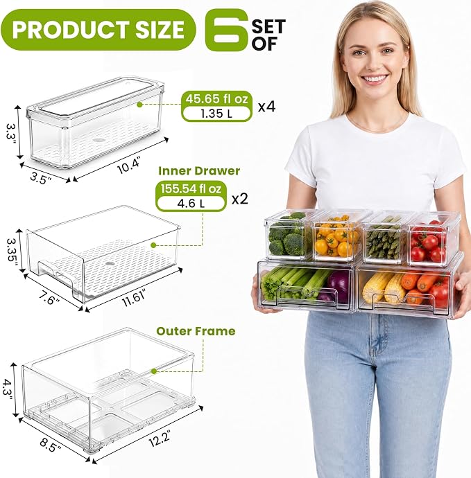 6Pack Fridge Organizers and Storage with Drain Trays,BPA-Free PET,Stackable | 6pack: 2 pull-out organizers & 4 containers with drain trays for fruit, vegetable, drink, snack food storage