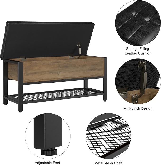 HOSTACK 40" W Storage Bench, Entryway Shoe Bench with Cushion, Rustic Brown | Wood Metal Bench with Flip-Open Hidden Storage, Ottoman Bench with Padded Seat & Shoe Rack for Hallway, Bedroom, Living Room