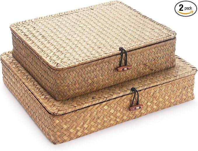 Seagrass Storage Baskets with Lids, Flat Wicker Basket, Shallow Woven Basket for Shelf, Decorative Storage Boxes for Organizing (Natural)