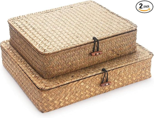 Seagrass Storage Baskets with Lids, Flat Wicker Basket, Shallow Woven Basket for Shelf, Decorative Storage Boxes for Organizing (Natural)