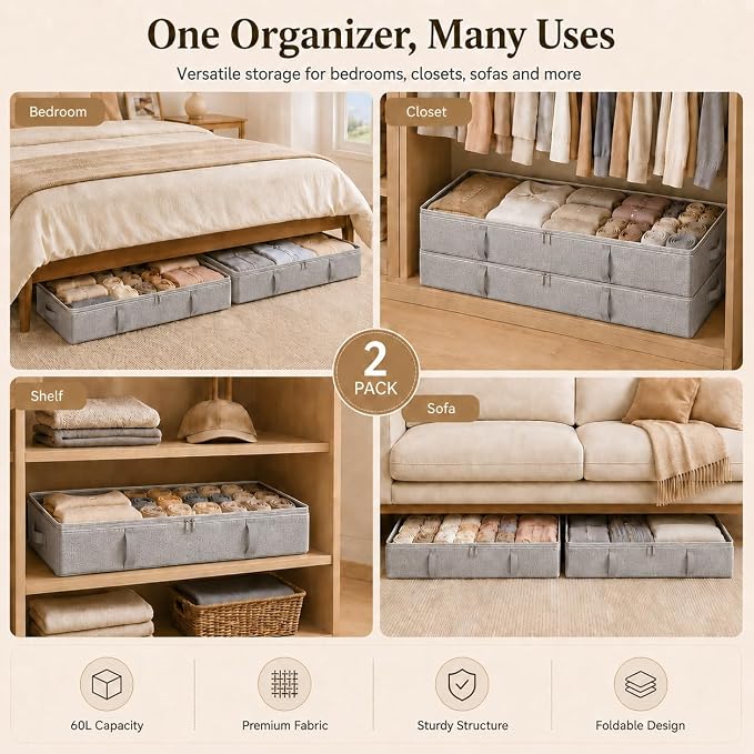 Vailando Storage Containers, 6 Inches Tall 60L Underbed Storage Bins with Sturdy Handles and Sidewalls, Closet Organizer for Clothes, Blankets, Seasonal Items, Gray, 2-Pack