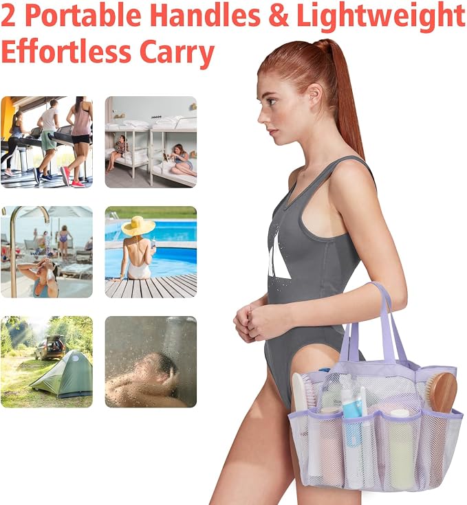 Mesh Shower Caddy Portable - 8 Pockets, S-Hook, Shower Bag for Dorm Camping | 2-Handle, Quick-Dry, Hanging Toiletry Organizer, College Dorm Room Essentials for Girls, Gym, Travel & Bathroom, Purple