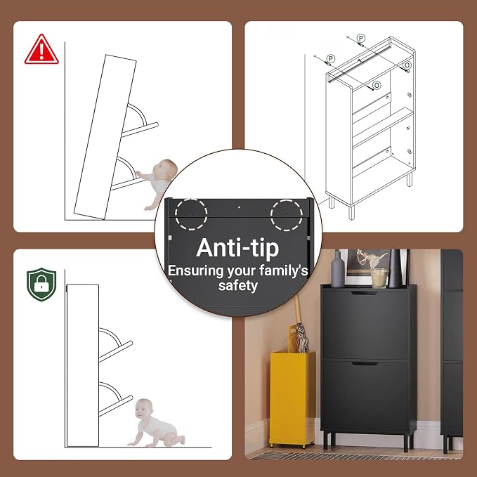 Haotian Slim Shoe Cabinet Entryway | Hidden Shoe Storage with Two Flip Drawers to Save Space, Freestanding Shoe Rack for Front Door, Entryway, Hallway (Black)
