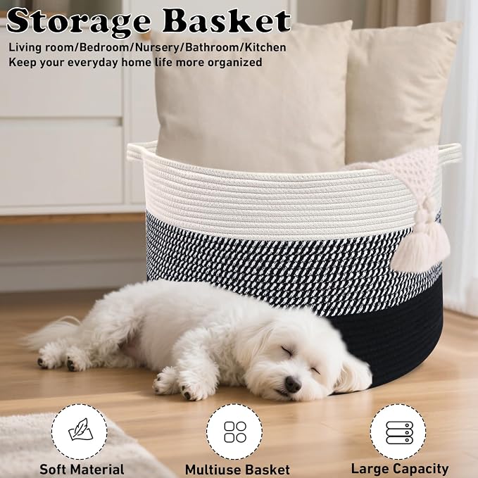 115L Extra Large Blanket Basket,Woven Laundry Basket-Mixed Black | Collapsible Nursery Storage Bin with Sturdy Handles, Organizes Clothes, Toys and Pillows for Living Room, Bedroom, Bathroom