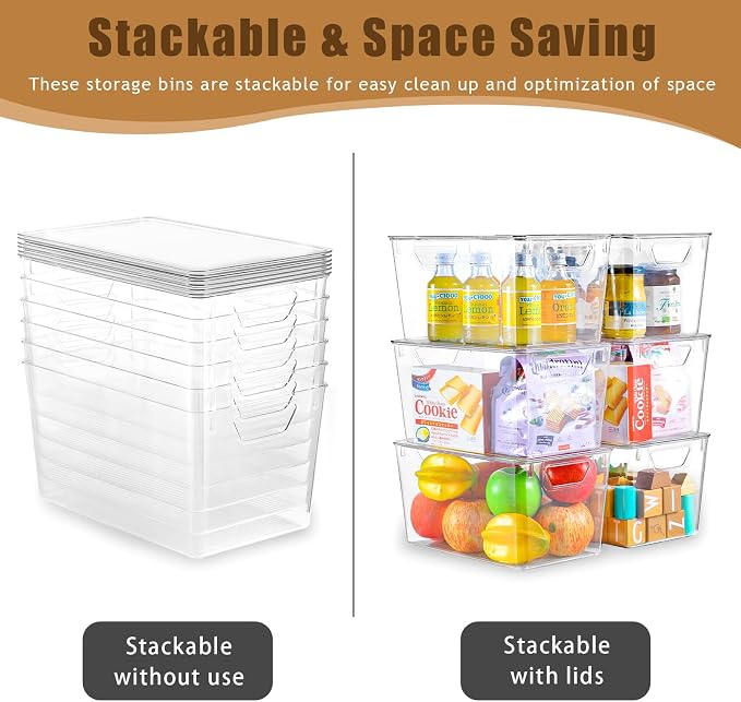 Freebat 6 Pack Clear Storage Bins with Lids, 7 Quart Pantry Organizer Bins | Stackable Plastic Storage Containers, Pantry Organization for Office, Bedroom, Cabinet, Fridge,Kitchen Organization