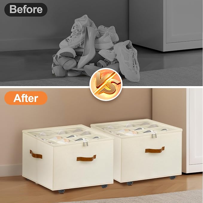 Foyego 2 Pack Shoe Organizer for Closet, Shoe Storage with Wheels, Beige | Fits 32 Pairs, with Adjustable Dividers and Clear Cover, Saving Space Foldable Fabric Closet Shoe Storage Organizer Box Bins