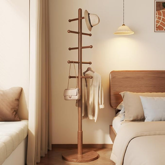 Solid Wood Coat Rack Freestanding with 10 Hooks, Coat tree freestanding 3 Adjustable Heights for coat, Hats, Handbags, Coat Stand for Entryway,Bedroom,office, Walnut