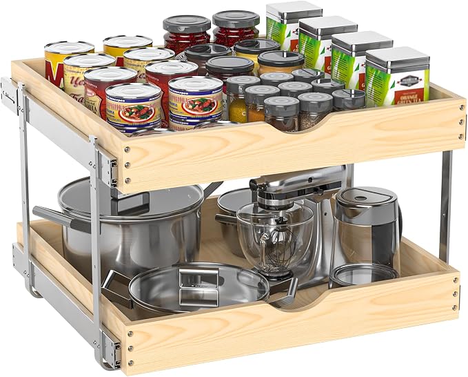21" Deep 2-Tier Pull Out Cabinet Organizer - Wood Pull Out Drawers | Slide Out Shelves, Full-Extension, Ball-Bearing Slides, 3 Adjustable Heights (2-Tier, 23'W X 21''D Overall)
