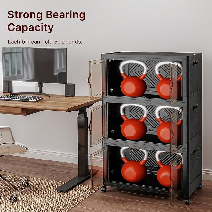 UAMFURI Stackable Storage Bins with Lids,720QT Lockable Storage Cabinet | Folding Storage Box with Doors and Wheels, Collapsible Plastic Drawers for Home, Garage, Office