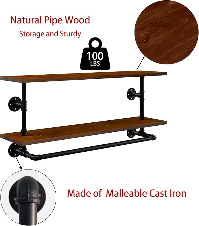Clothes Rack 36in, Wall Mounted Garment Rack with Real Walnut Wood Shelf, Heavy Duty Hanging Clothes Rack, Multi-Purpose Hanging Rod, Space-Saving Closet Storage