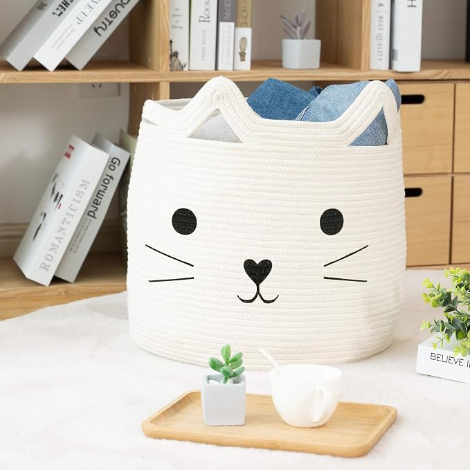 VK VK·LIVING Animal Hamper Large Woven Animal Cotton Rope Storage Basket Laundry Basket Organizer With Cat Design for Towels Blanket Toys Clothes Pet Hamper for Cat 15 L x 15 H