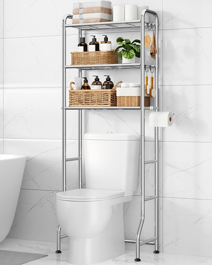 Kitsure Over Toilet Storage Rack, 63.2" H Space-Saving, Holder & Hooks | Bathroom, Laundry Room, Small Spaces, Families, Durable Metal, Silver, 3 Tier