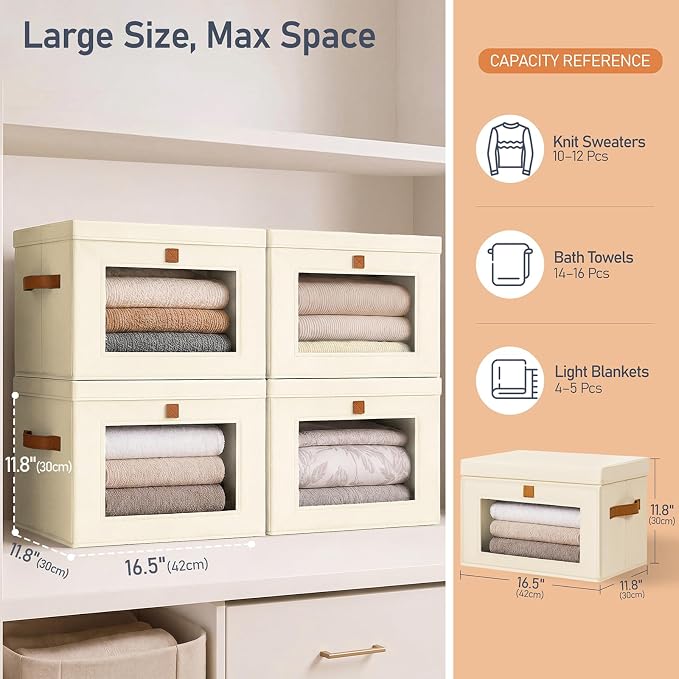 DIMJ Storage Bins with Lids - 5 Pack Front Opening Stackable Fabric Storage Boxes with Clear Window & Handles, Collapsible Closet Organizers for Clothes, Sweaters, Shelf Storage, Bedroom, Beige