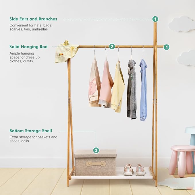 Jotsport Bamboo Kids Dress Up Rack Foldable Design with Fabric Storage | Small Kids Clothing Rack Toddler Wardrobe Closet for Play Room, Nursery, Baby Shower