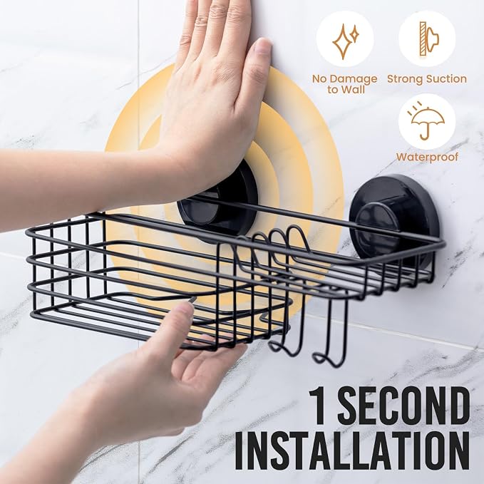 LEVERLOC Suction Cup Shower Caddy, Bathroom Shelf With Hook & Soap Holder | Black Shower Caddies, Soap Holder, No Drill Bathroom Caddy, Heavy Duty Shower Organizer, Removable Bathroom Shelf