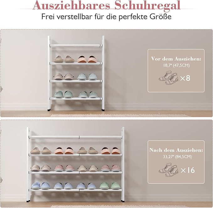 Bumusty 4 Tier Expandable Shoe Rack for Closet, White | 18"-33" Adjustable Shoe Rack for Entryway, Small Shoe Organizer for Dorm, Front Door, Sturdy Metal