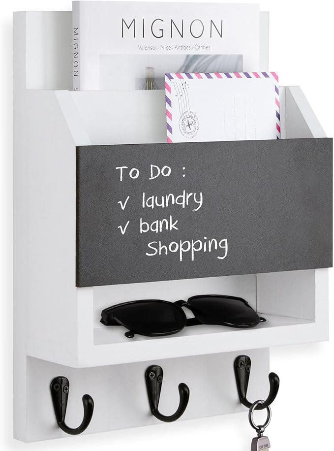 Key and Mail Holder for Wall, Key Holder with Chalkboard and Long Storage Box, Key Hanger with 3 Sturdy Hooks for Coat, Dog Leash, Entryway Mail Organizer (White)