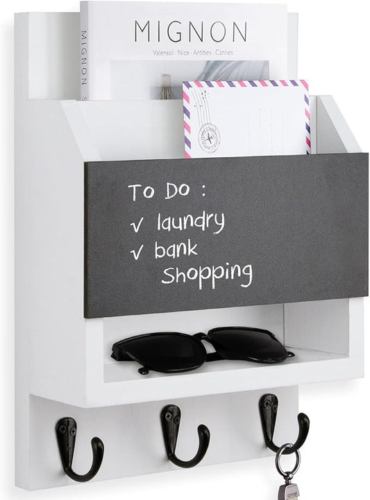 Key and Mail Holder for Wall, Key Holder with Chalkboard and Long Storage Box, Key Hanger with 3 Sturdy Hooks for Coat, Dog Leash, Entryway Mail Organizer (White)
