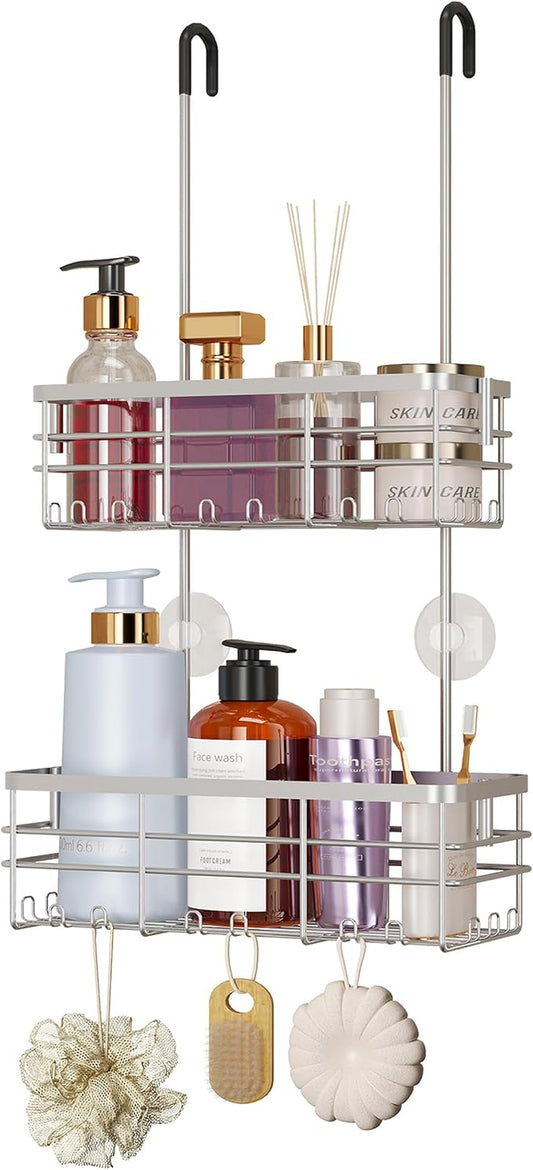 HapiRm Hanging Shower Caddy Organizer - No Drilling Shower Organizer with Hooks, Rustproof & Waterproof 304 Stainless Steel Bathroom Shelves - Silver