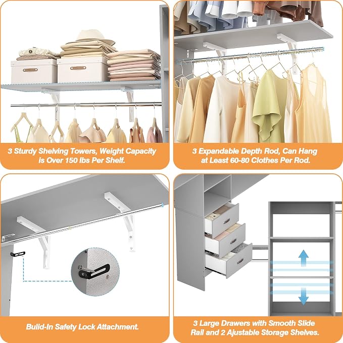 iSunirm 8FT Closet System, 96'' Closet Organizer System with 3 Hanging Rods, Wall Mount Bedroom Wardrobe with 3 Drawers Walk-in Closet, Adjustable Cloth Garment Rack from 5 to 8FT (Cut to Fit), Grey