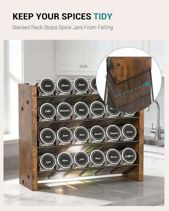 NESAPTO Spice Rack Organizer with 24 Glass Spice Jars, Wood 4-Tier Seasoning Organizer with Labels for Cabinet, Pantry, Countertop or Wall Mount, Chalk Marker and Funnel Set, 12.2" W × 9.4" H