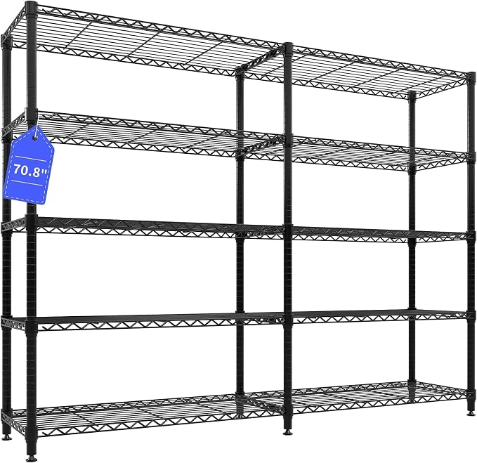 Garvee 71" Wide Storage Shelves Metal Shelving Units 5 Tier, 1325LBS | Heavy Duty & Adjustable Wire Shelving Rack, Standing/L-shaped, Use for Garage Kitchen Pantry Warehouse, Black