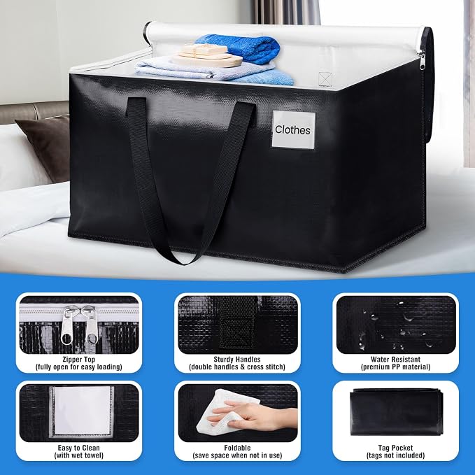Heavy Duty Moving Bags, Extra Large Storage Bags, 76L, 6-Pack, Black | Foldable, with Zippers, Tag Pocket & Handles, Reusable, Space-saving, Water-Resistant, for moving & storage, Versatile Use