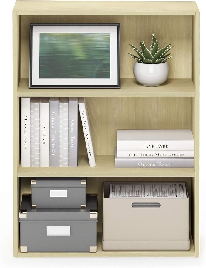 Furinno PASIR Book Shelf, 3-Tier Bookshelf, Storage Shelves Bookcase, 9.7 x 23.7 x 31.5, for Living Room, Bedroom, Home Office, Steam Beech