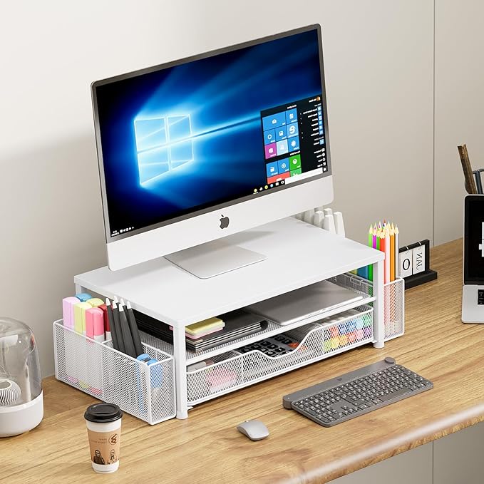 OPNICE Desk Organizer and Accessories, 2-Tier Computer Monitor Stand Riser with Drawer and 2 Pen Holders, Laptop Stand, Office Desk Accessories for Office Supplies, 1 Pack, White
