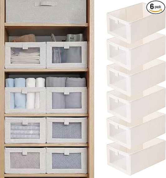 Linen Closet Organizers And Storage, 6 Pack Closet Storage Bins Linen Closet Baskets for Closet Organization Foldable Closet Organizer Bins with Clear Window For Organizing Clothing, Jeans, Shelves