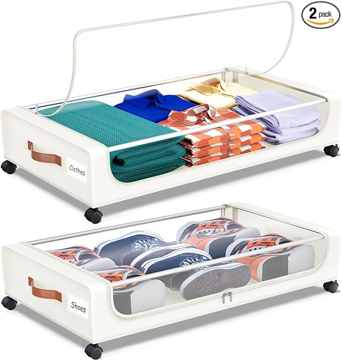 Under Bed Storage with Wheels, UnderBed Storage Containers with Clear Lid and Handles, XXL 60L Under the Bed Storage Bins Drawers for Clothes,Blankets,Shoes,Books (WHITE, 2 PACK)