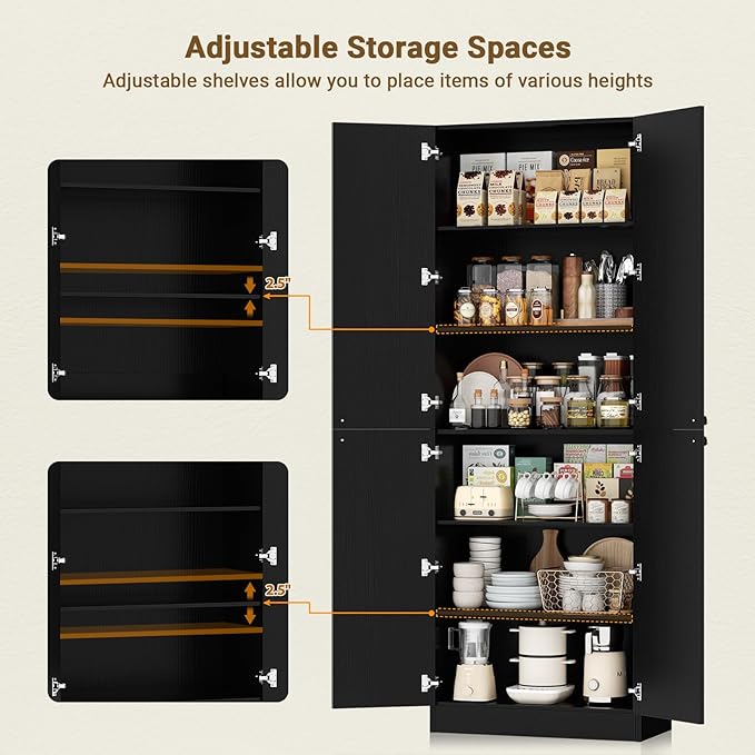 Cyclysio 80" Storage Cabinet, Tall Arched Bookcase with 4 Soft Close Doors, 6-Tier Wooden Pantry with Adjustable Shelves, Seamless Fit Wall for Home Office, Living Room, Kitchen (Black)