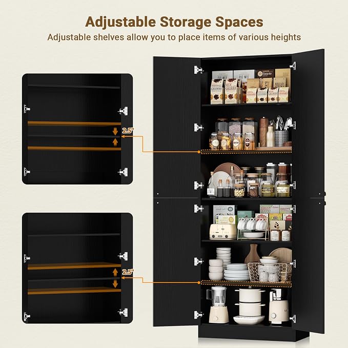 Cyclysio 80" Kitchen Pantry, Extra Tall Arch Storage Cabinet with 8 Soft Close Doors and Adjustable Shelves, Freestanding Wood Cupboard with Seamless Fit Wall for Dining Living Room Bathroom Furniture
