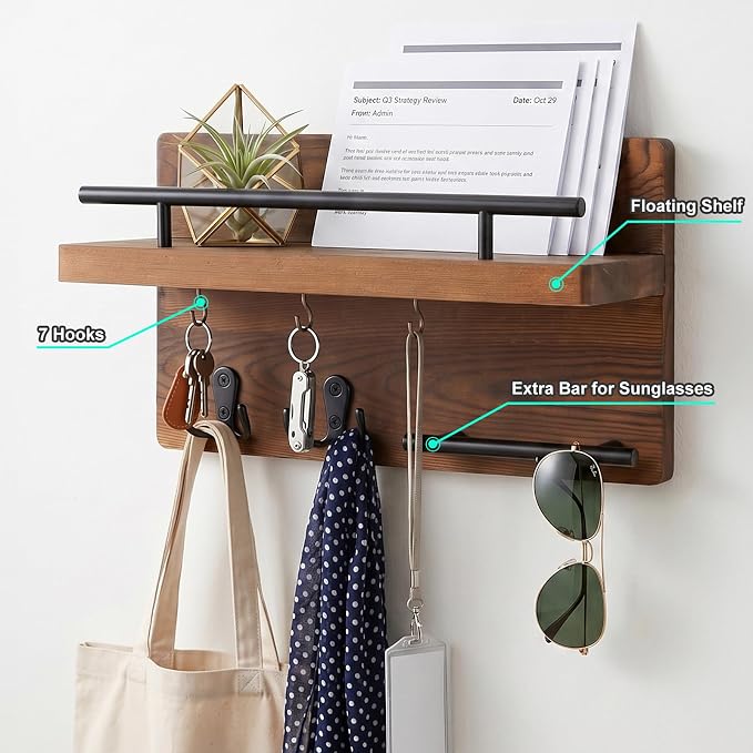 OurWarm Wall Mounted Key Holder/Hangers for Wall Decorative with 5 Key Hooks, Wooden Mail Rack Organizer with Shelf, Rustic Home Decor for Entryway Mudroom Hallway Office, Brown