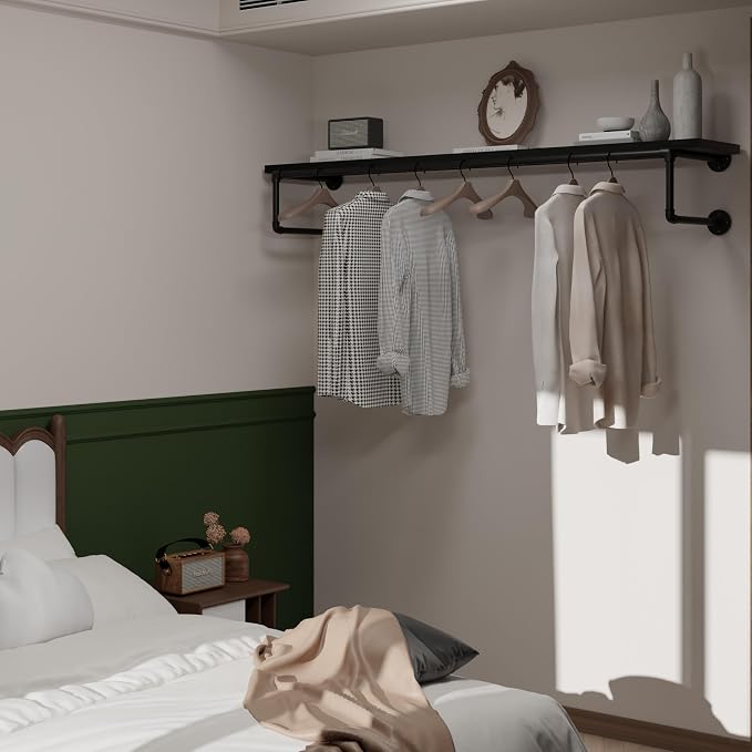Clothes Rack 60in, Wall Mounted Garment Racks with Black Solid Wood Shelf, Heavy Duty Hanging Clothes Rack, Multi-Purpose Hanging Rod, Space-Saving Closet Storage