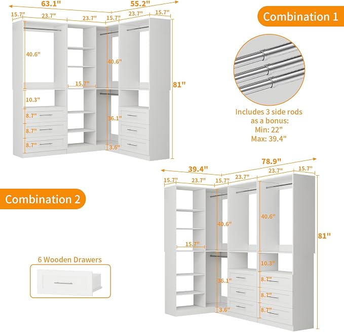 Closet System with 6 Drawers, Corner Closet Organizer Systems with 8 Shelves & 7 Hanging Rods L-Shaped Walk in Closet Freestanding Corner Tower Modular Storage System 3 Sets 2100+ Lbs Capacity White