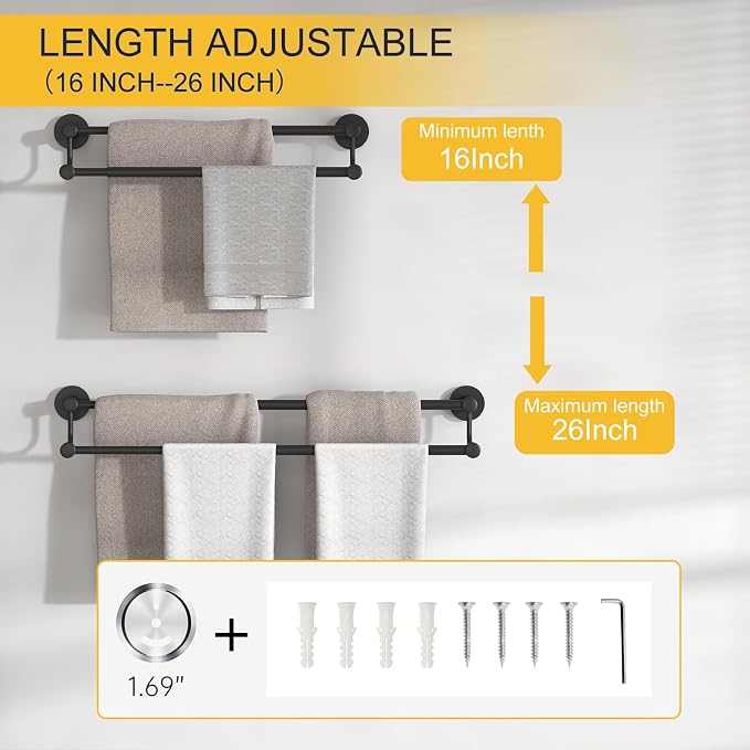 BESy Double Towel Bar Towel Rack for Bathroom Bath Wall Mounted Matte Black | Adjustable 16-26 In,Wall Mounted Towel Holder, Stainless Steel, Rustproof, Towel Bar Rod Hanger Hardware Accessories Hotel