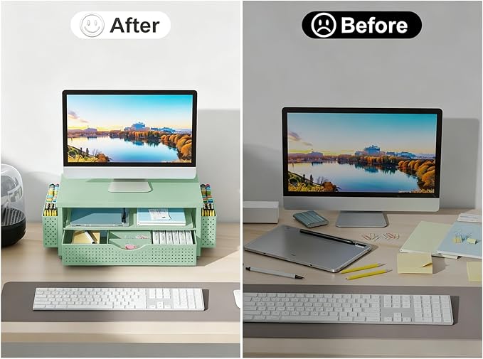 gianotter Desk Organizers and Accessories, Monitor Stand with Drawer and 2 Pen Holder, Desktop Organizer Suitable for Offices and Dormitories (Sage Green-Plain)
