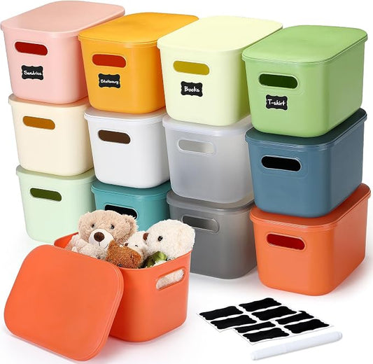 Thyle 12 Pack Colorful Plastic Storage Bins with Lids 7 Quart Toy Storage Box Stackable Nestable Organizer Boxes with Handle and Labels for Classroom, Shelf, Bedroom, Desktop, Toys, School Supplies
