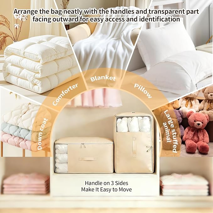6 Pack Upgrade Comforter Storage Bag with Handle, Space Saving 3-Layer Adjustable In 3 Sizes (142L, 107L, 71L), Compression Blanket Storage Bags, Washable Bedding Organizer For Pillow Duvet Clothing