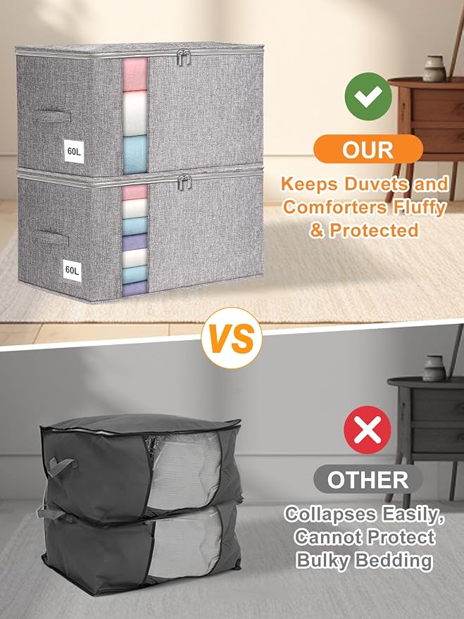punemi 60L Sturdy Comforter Storage Bag, 2 Pack, Grey | Sturdy Sides & Bottom, Zipper & 2 Handles, for King/Queen Comforters, Quilts, Duvets, Pillows, Bedding & Clothes