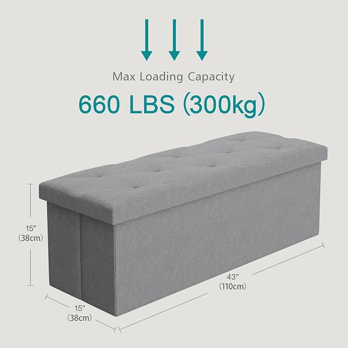VECELO 43'' Folding Storage Ottoman Bench, Storage Chest, Linen Fabric Foot Rest Stool, 158L Storage Footstools for Bedroom and Living Room, Holds up to 660 lbs, Grey