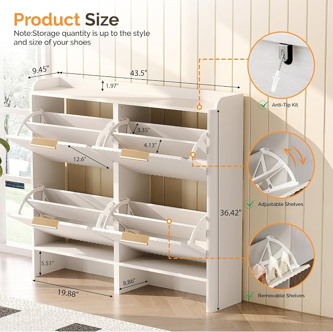 VINGLI 43.5" Large White Shoe Cabinet with 4 Flip Drawers, Slim Fluted Shoe Storage Cabinet with Unique Arched Side Panels, Modern Entryway Organizer with Gold Handles, Wide Shoe Rack for Hallway