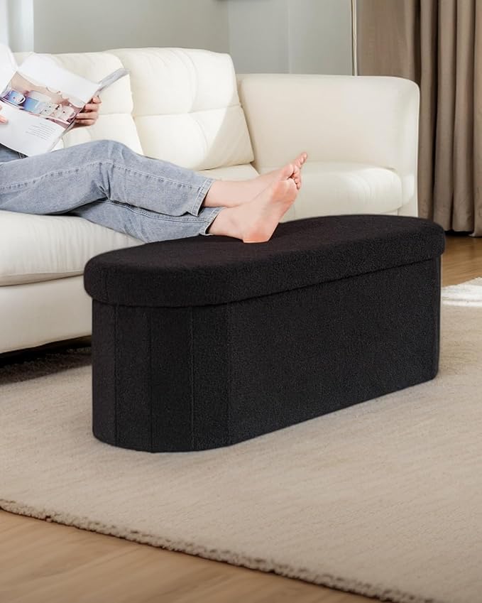 43.3 Inches Foldable Storage Ottoman Bench, Oval Footrest | Teddy Boucle Fabric, Hidden Storage, Soft Padded Seat, End Of Bed Bench For Bedroom, Living Room and Entryway, Black
