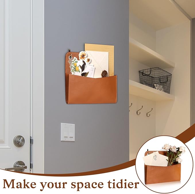 3 Pcs PU Leather Mail Holder Wall Mount 9.8x7.7 Inch Brown Letter Holder Vintage Hanging Mail Organizer 2 Ring Bill Organizer for Wall Decor Storage Letter Postcards Bill Flowers Office Home