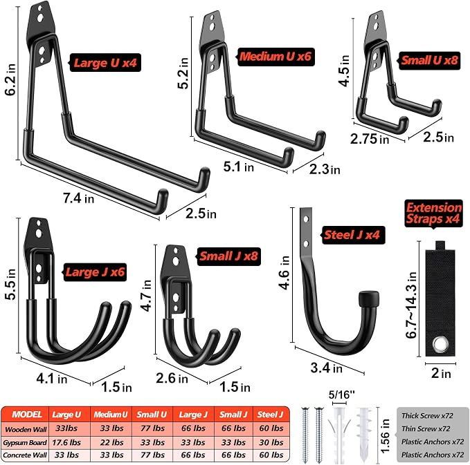 MKRUI 40-Pack Garage Hooks for Storage & Hanging Items, Save Space | Hangs Bikes, Ladders, Ropes, Hoses, Tools; for Garage, Warehouse, Shop, Shed, Yard