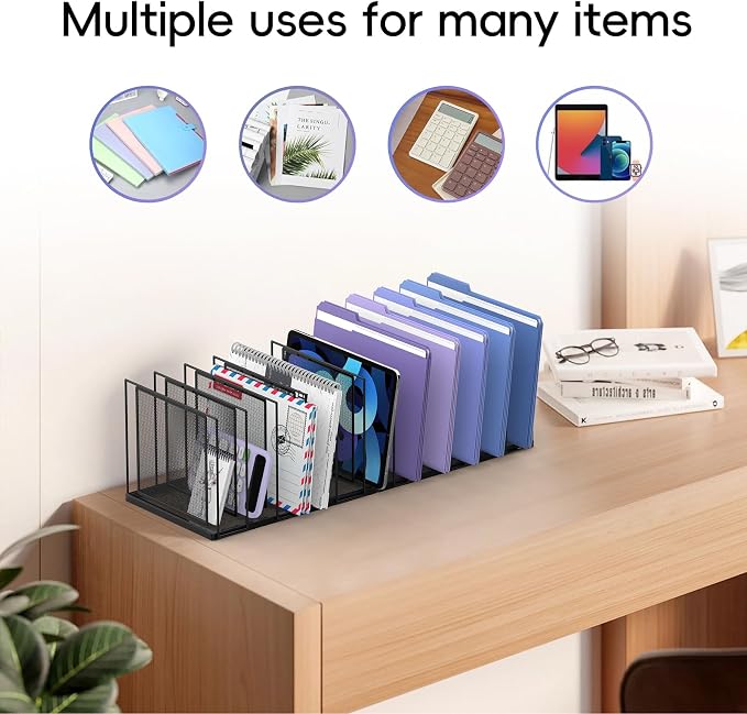 File Organizer for Desk, 11-Section Vertical File Sorter, Paper Holder Organizer Standing Metal File Folder for Office Home Classroom, Black
